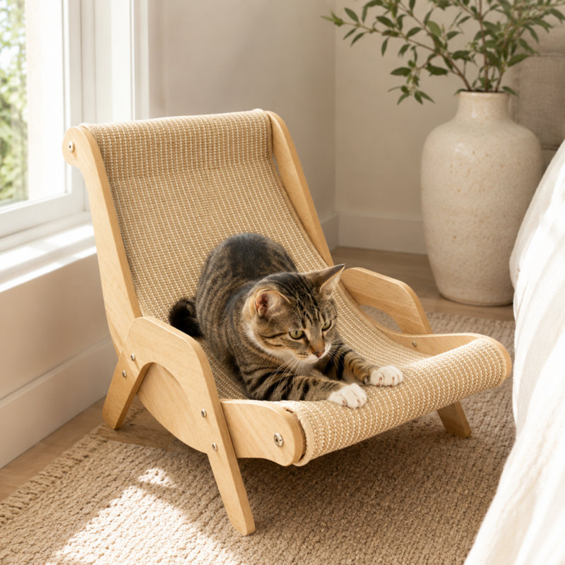 Fauteuil-griffoir en sisal avec structure en bois naturel, griffoir incurvé et design de type canapé pour chats d'intérieur