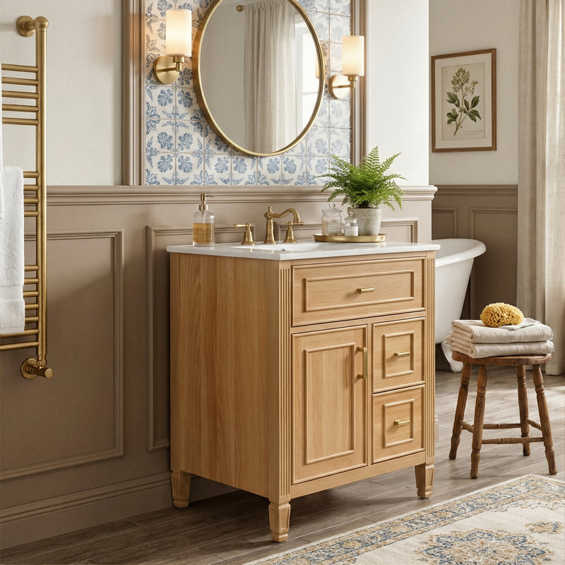 Ensemble de meuble-lavabo 24 po Modern Farmhouse, armoire en bois massif et panneau de fibres à densité moyenne avec poignées dorées, plateau en céramique et rangement à 3 tiroirs