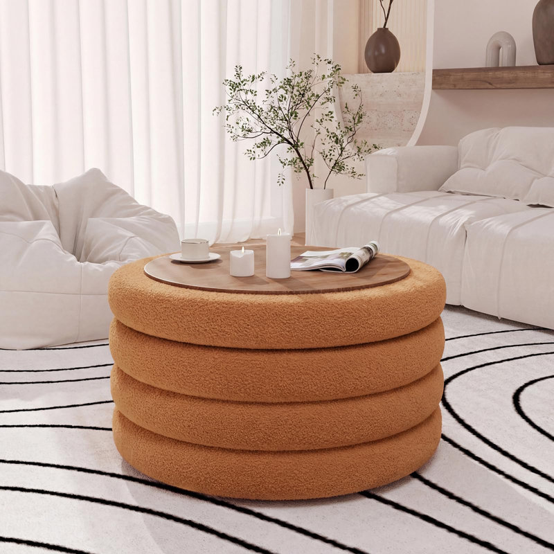 30 Inch Round Ottoman Coffee Table With Storage, Brown