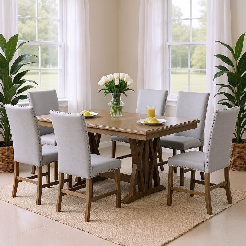 Ensemble de table de salle à manger extensible 7 pièces avec 6 chaises rembourrées - Bois massif, style Mid-Century