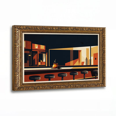 Intérieur de restaurant aux tons chauds avec toile murale représentant la silhouette de la ville