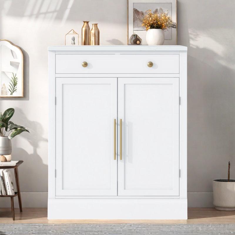 Buffet moderne avec 1 tiroir, 2 tablettes réglables et 2 tablettes de porte, Blanc