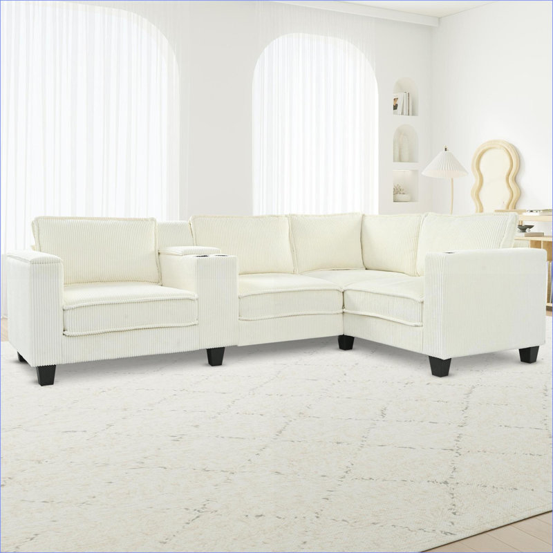 Sectional Sofas | Modern L-shaped 4 Seater Corduroy Sofa for Living Room, with Storage, USB Charging, 105.5" | Beige | Standard