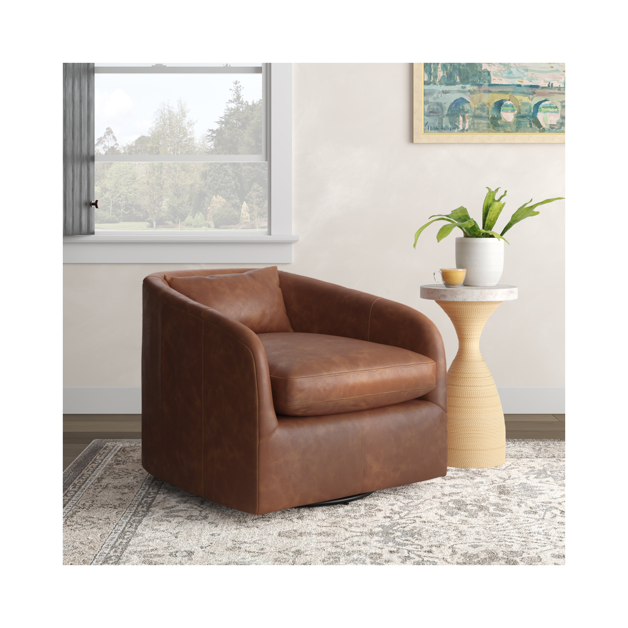 Paralimni Upholstered Swivel Armchair, Heirloom Sienna Genuine Leather