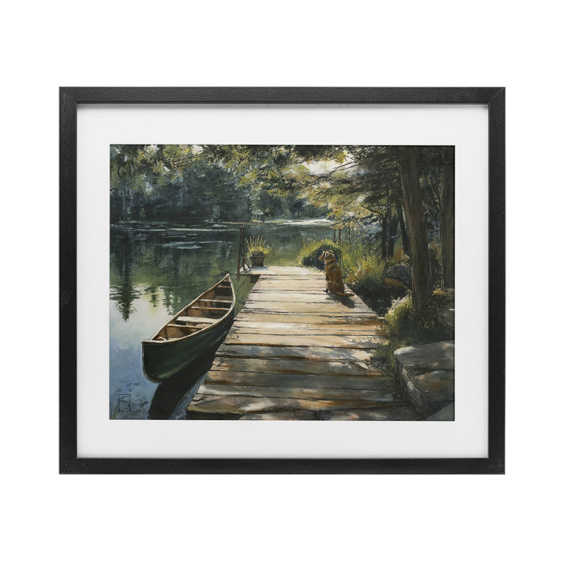 «Lake Life Dog on Dock», reproduction sous verre, conception de Sara Culpepper, H 17 po x l 21 po, Cadre noir minuit