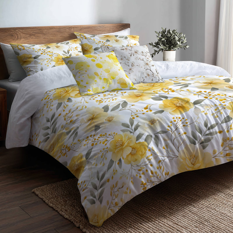 Ensemble de literie 5 pièces Country Farmhouse - Ensemble de housse de couette et coussin décoratif jaune floral