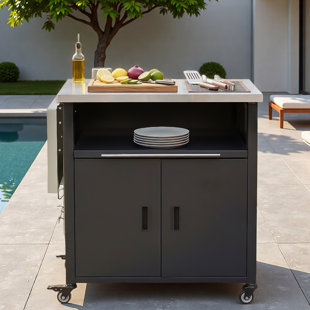 Chariot pour îlot de cuisine pour l'extérieur avec support à déchets, plateau pliable, panneau Lron extensible et espace de rangement