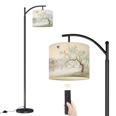 Lampe sur pied à arc avec abat-jour réglable Blooming Tree Birds Tranquil River et élégante lampe sur pied pour paysage asiatique
