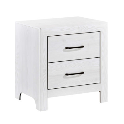 Table de chevet moderne à finition moderne avec 2 tiroirs, texture en bois rustique et quincaillerie en métal pour le rangement dans la chambre à coucher