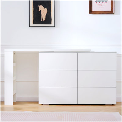 Commode 6 tiroirs avec bureau en L, bureau large et rangement profond, extensible pour la chambre à coucher et le vestiaire