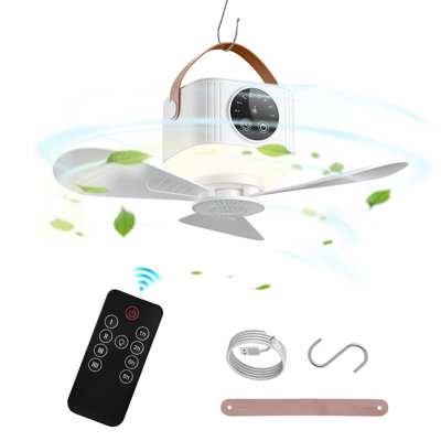 Ventilateur de plafond de tente rechargeable 7200 mAh avec lumière DEL, ventilateur de camping suspendu avec télécommande, 4 vitesses de vent et 3 niveaux de luminosité pour les voyages à la plage en plein air