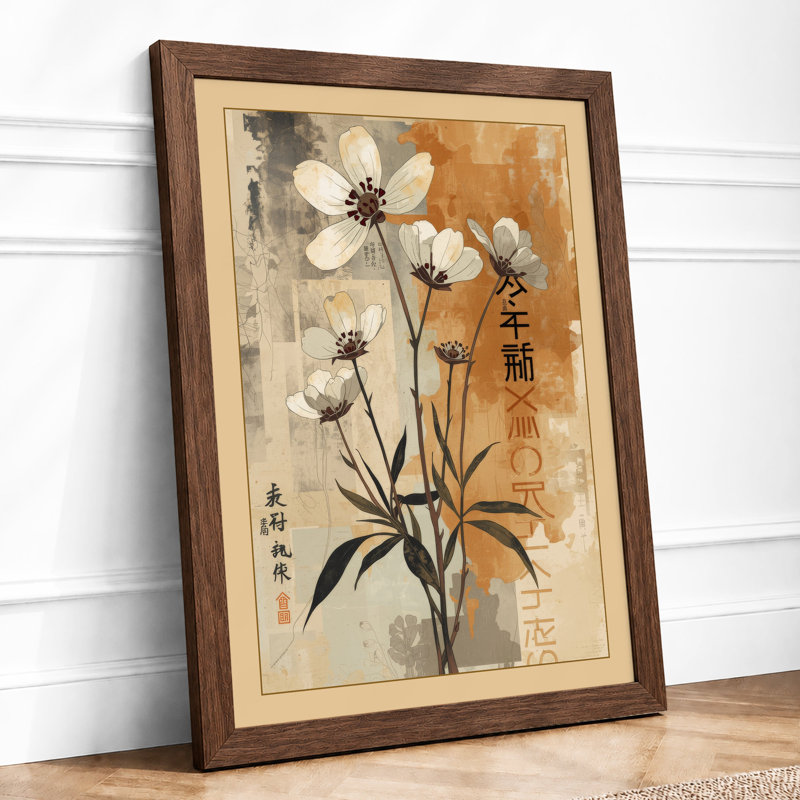 Moonlit Flowers Japandi - Framed Print, Walnut, A4 - 29.7 x 21.0 cm
