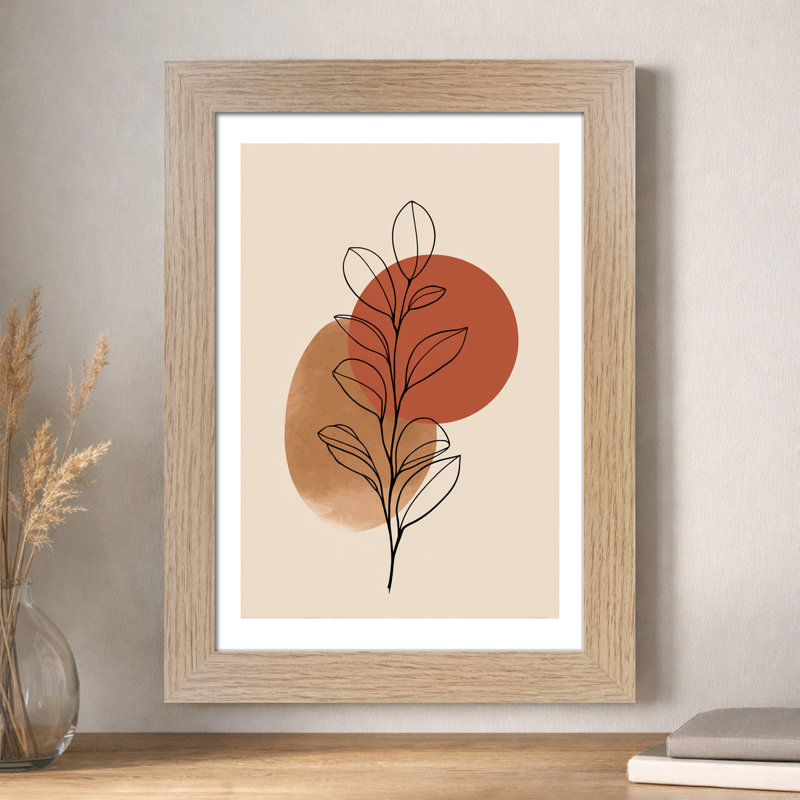 Scandinavian Botanical Wall Art Home Decor Giclee Art Print, minimal leaf stem in terracotta and beige with refined scandi line drawing 1 Piece Wall Art