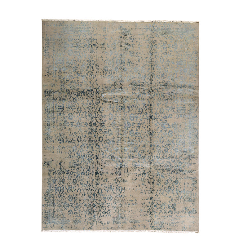 Tapis argent et bleu noué à la main de haute qualité