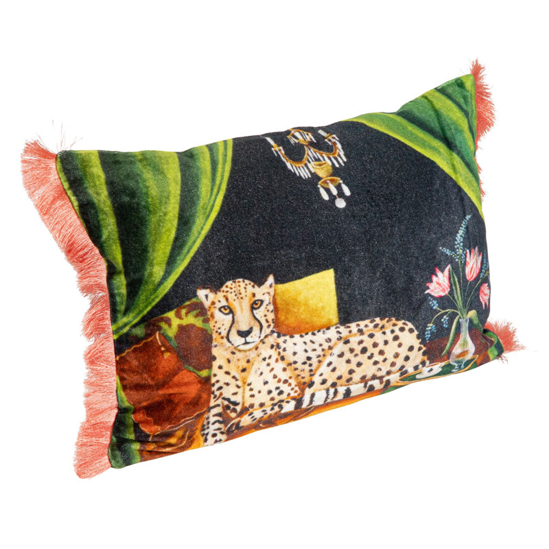 Cotton Blend Velvet Printed Lumbar Pillow With Cheetah Image And Eyelash Fringe