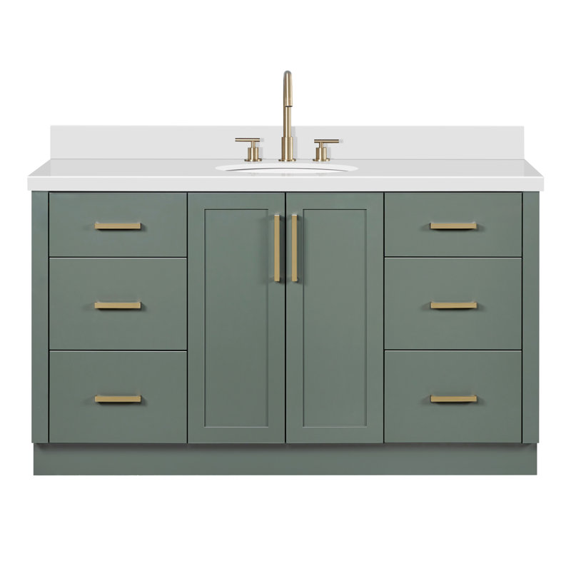 Meuble-lavabo ovale simple de 61 pouces avec comptoir en quartz blanc pur de 1,5 pouce, couleur vert vintage, Ovale