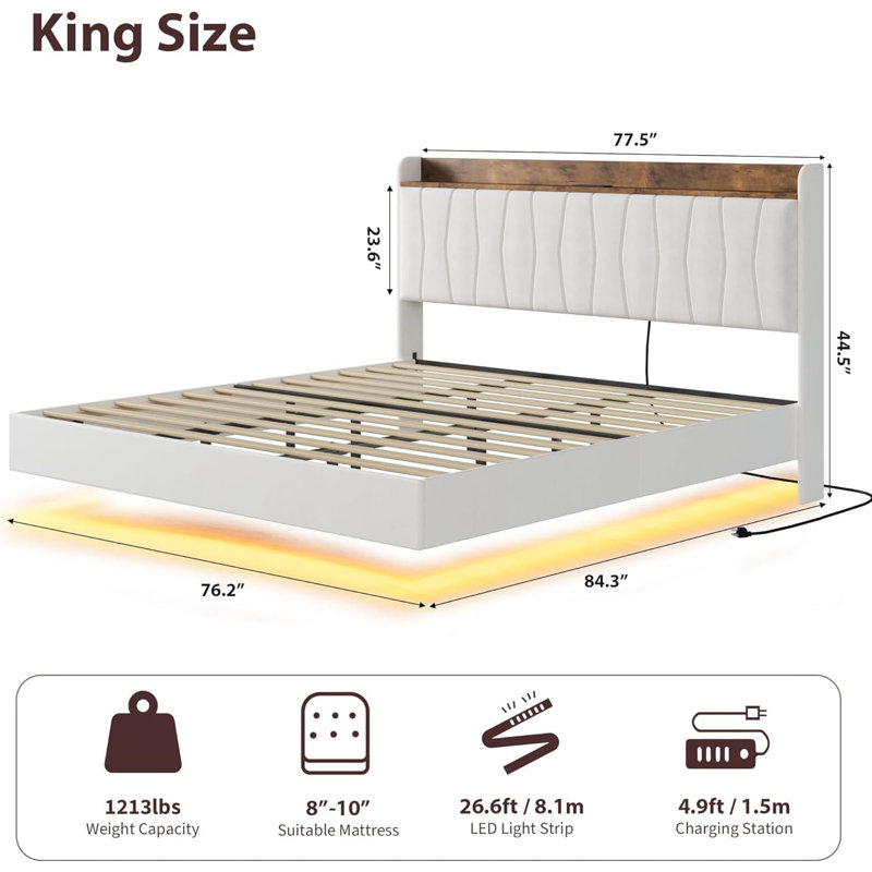 Bed Frame with LED Lights & Charging Station, Upholstered Platform Bed with Storage Headboard, Beige, King