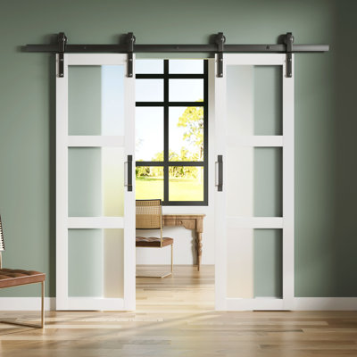 48'' X 84''H Double 3 Lite Tempered Frosted Glass Double French Interior Door Wide Opening By-Pass Sliding Barn Door With Hardware Kit