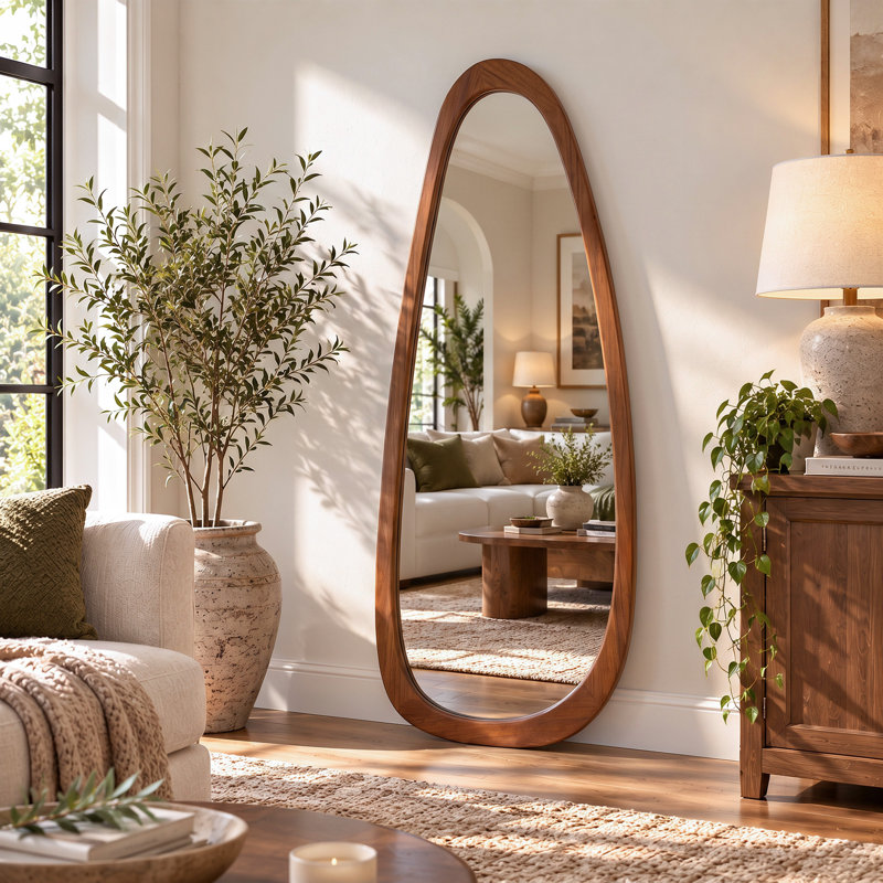 Asymmetrical Wood Framed Accent Wall Mirror, 48" x 22", Brown