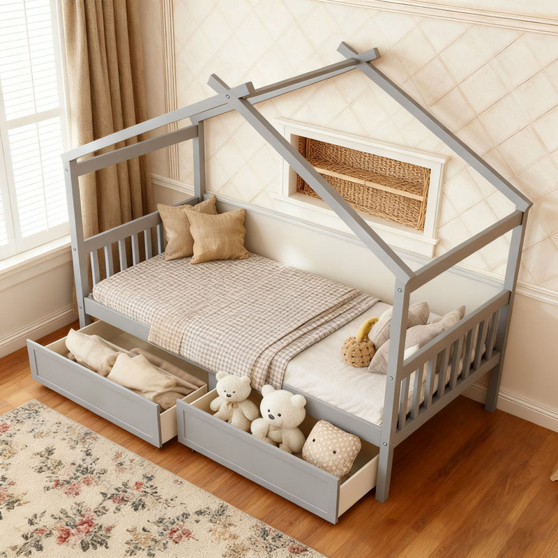Lit en bois avec tiroirs, gris, Simple