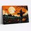 Tableau sur toile représentant un champ de citrouilles orange avec épouvantail et pleine lune pour l'Halloween-1679731206
