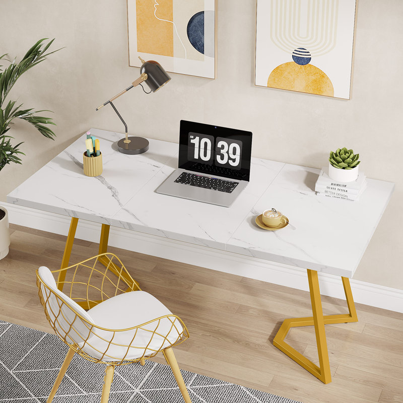 Maynord Metal Base Computer Desk, White/Gold