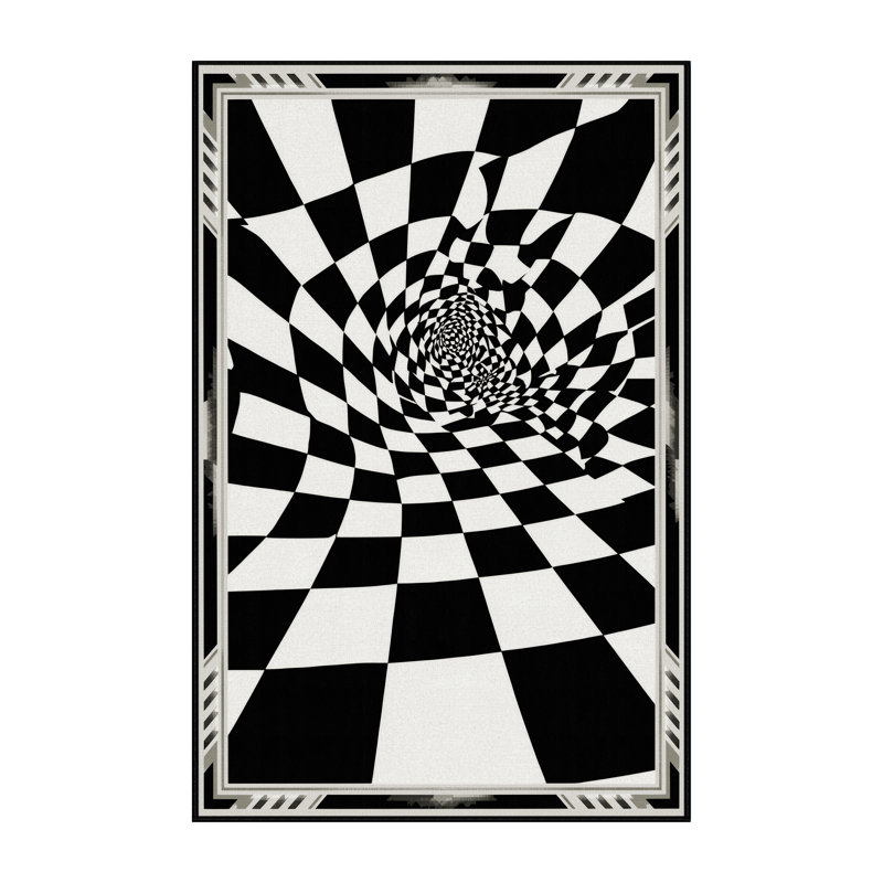 Machine Washable Paulett Art Deco Checkered Rug in Green – Black Binding, 6 x 9