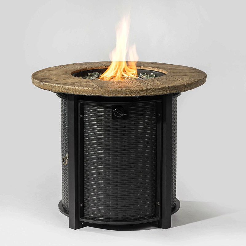 Round Steel Fire Pit Table With Steel Lid And Lava Rocks