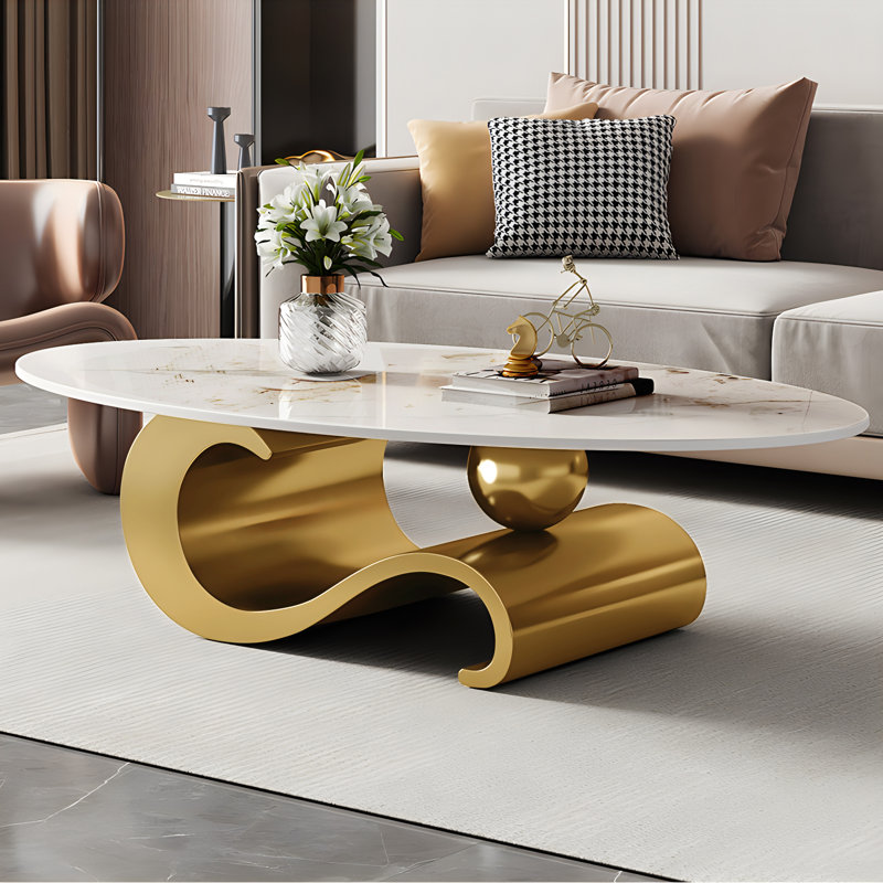 Table basse ovale de luxe blanche avec base de note de musique - pièce décorative moderne pour le décor du salon, Doré