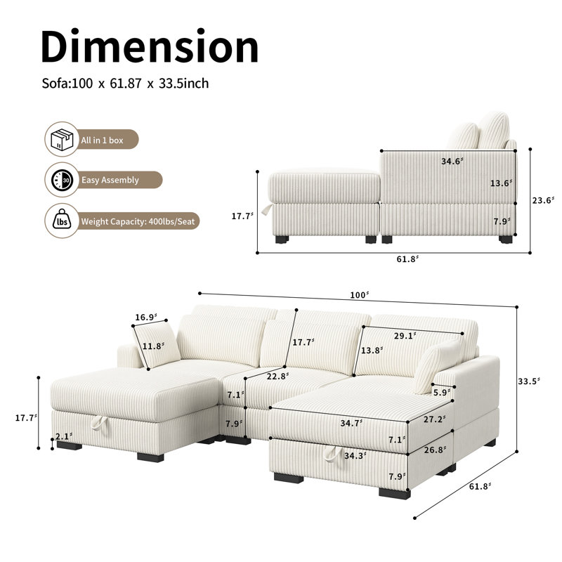 Canapé modulaire en velours côtelé 5 pièces, Velours côtelé beige Nahshon