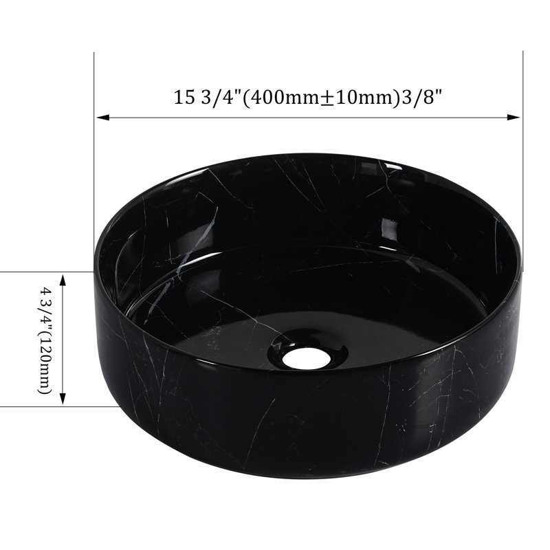 Above - Counter Round Ceramic Sink For Bathroom, Black And White Art, Baked Glaze, Smooth , 15.24 In Width, Depth, 4.58 Height, 19.05 Lb Art Basin , Easy To Clean, Three Layer Stain ,