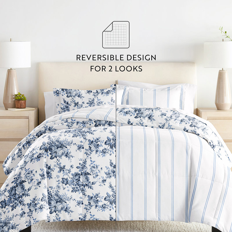 Blue Floral Reversible Down Alternative Comforter Set, Full
