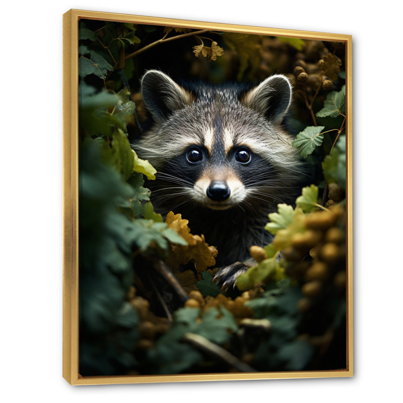 Curious Raccoon Collage VI - impression, H 20 po x l 12 po, Cadre flottant doré