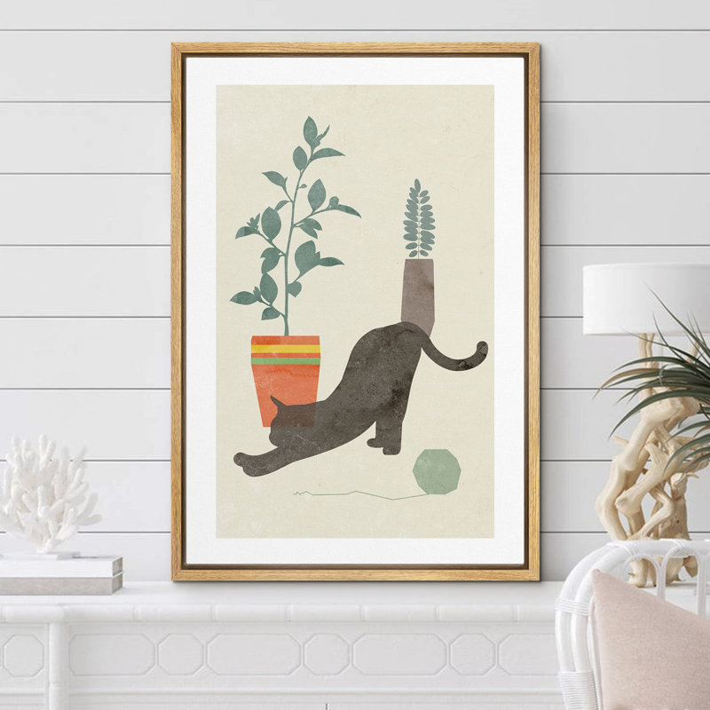Chat noir rétro avec plantes, formes d'animaux, style Mid-Century, minimaliste, chic et coloré, Naturel, H 36 po x l 24 po