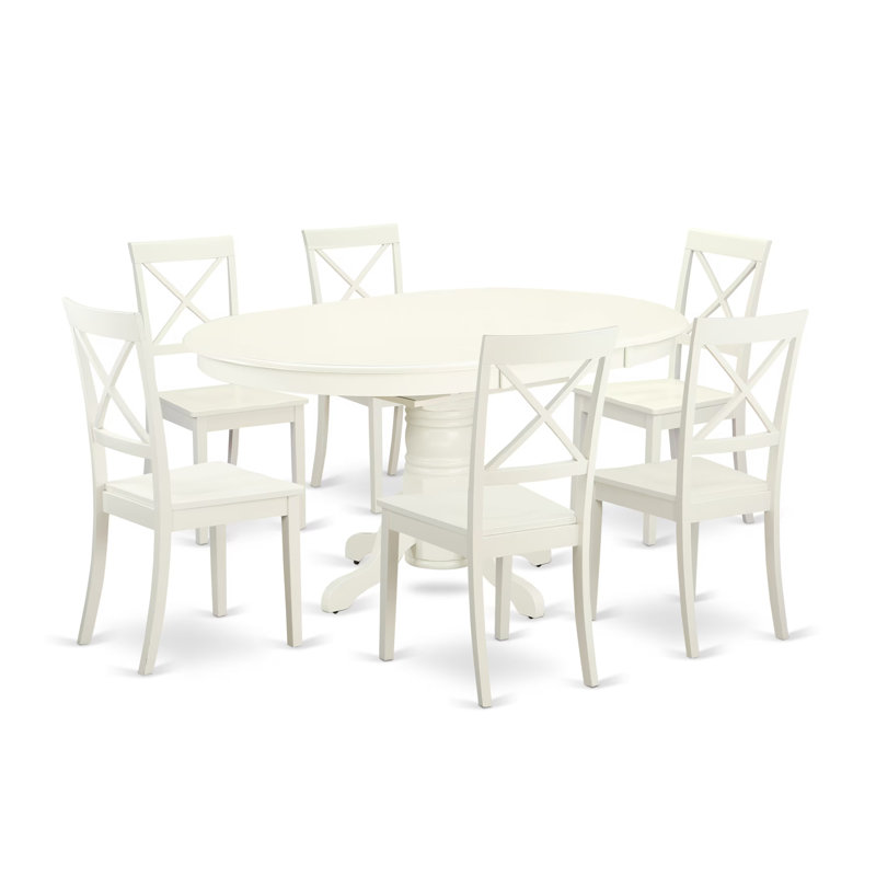 Ensemble de table de salle à manger 7 pièces composé d'une table ovale en bois avec rallonge papillon et 6 chaises de salle à manger, lin blanc