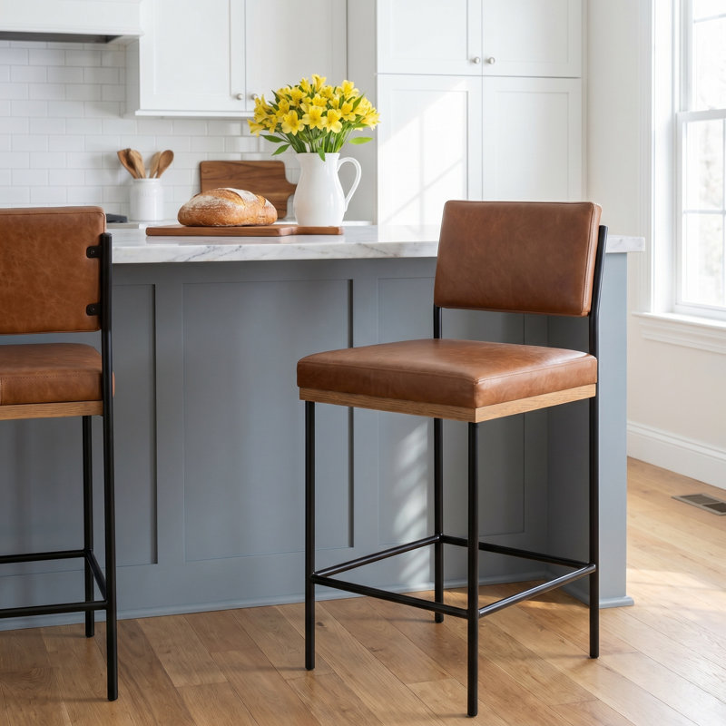 Popovich Upholstered Counter Stool with Metal Frame, Sonoma Chestnut/Genuine Leather, Counter Stool (26.42" Seat Height)