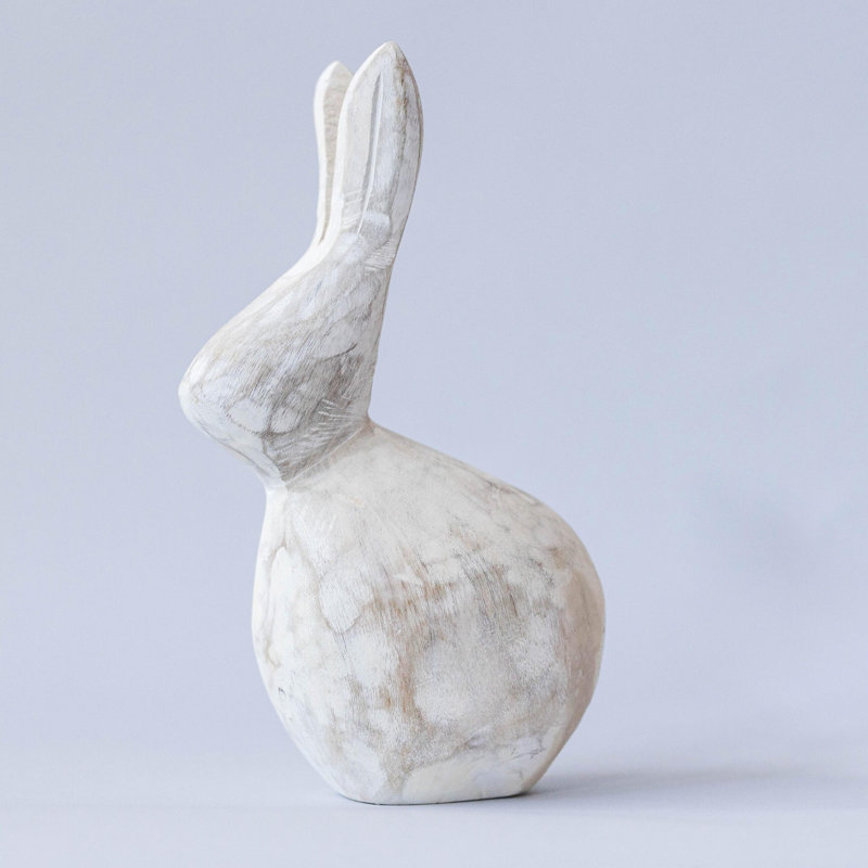 Washed White Carved Wooden Bunny Figurine