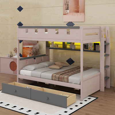 Lit superposé de style château avec 2 tiroirs, tablette, lit superposé en bois avec lumières DEL