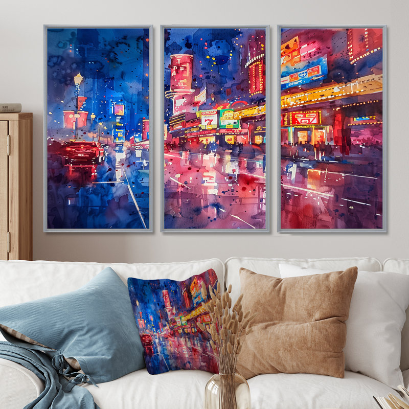 «Pink Blue Neon Nights Casinos III» - 3 pièces, Encadrement argenté, H 40 po x l 60 po