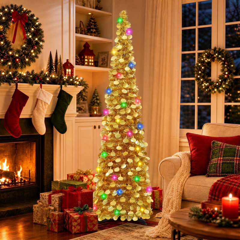 Sapin de Noël miniature illuminé de 1,5 m, pliable et mince, avec 70 lumières multicolores, idéal pour décorer les petits espaces pendant les fêtes.