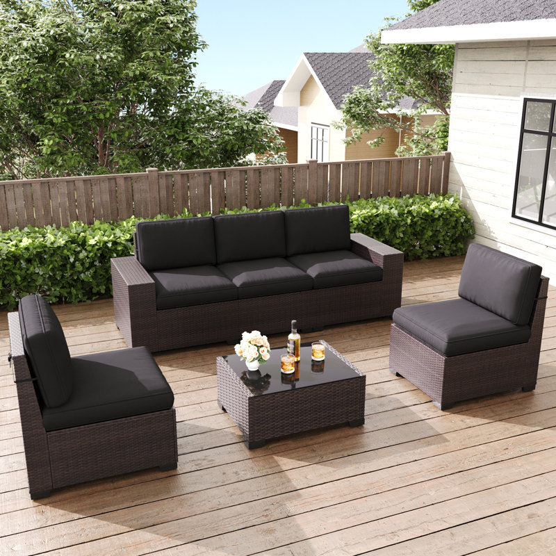 6 Pieces Patio Furniture Set, Modular Sectional Outdoor Conversation Sofa Set, Brown, Black