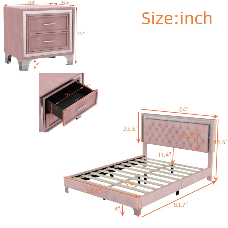 Ensemble de chambre à coucher grand lit 3 pièces moderne avec lit plateforme tapissier à DEL et 2 tables de chevet, finition velours, rose