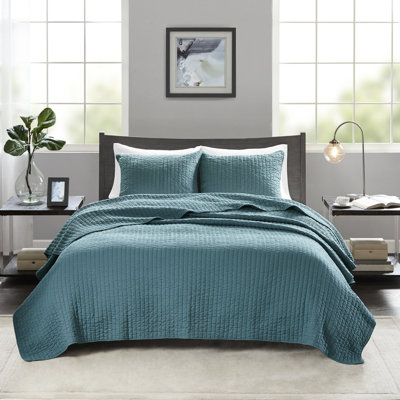 Courtepointe sarcelle 3 pièces double / grand - tissu en microfibre, rembourré de coton, option réversible, surpiqûre, améliore la tranquillité de la chambre à coucher, avec et 2 taies décoratives, réversible, améliore l'esthétique,