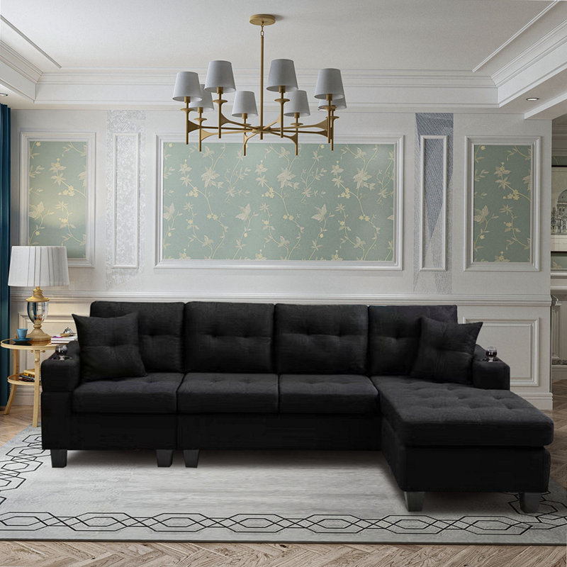 Calliandra Upholstered L-Shaped Sectional Left Hand Facing, Black Fabric,  Right Hand Facing