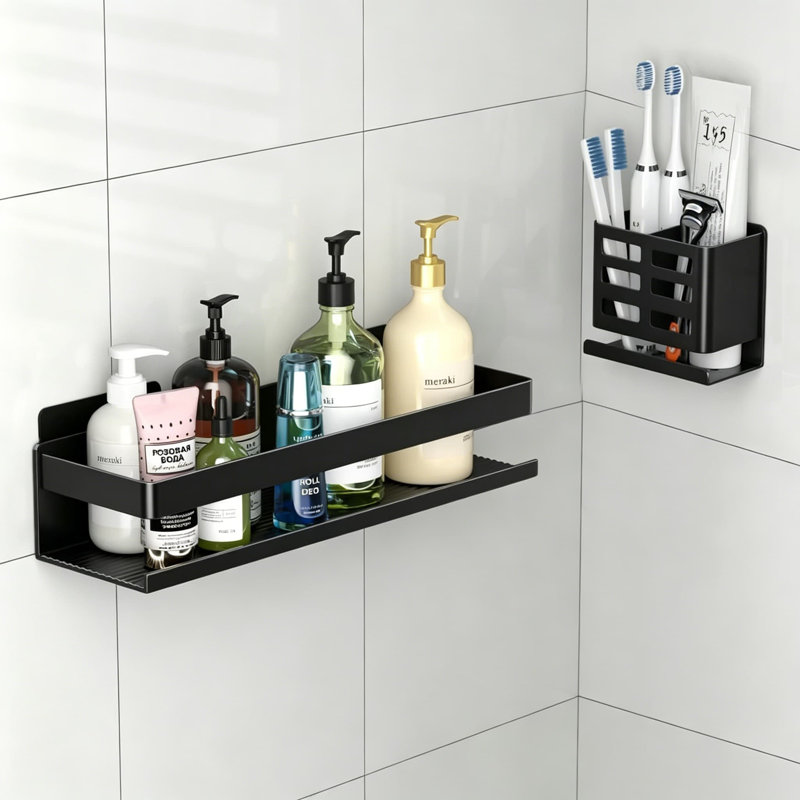 Ensemble de 2 tablettes de douche en aluminium antirouille, installation adhésive sans perçage, poids léger et haute résistance pour le rangement de la salle de bain et la décoration intérieure