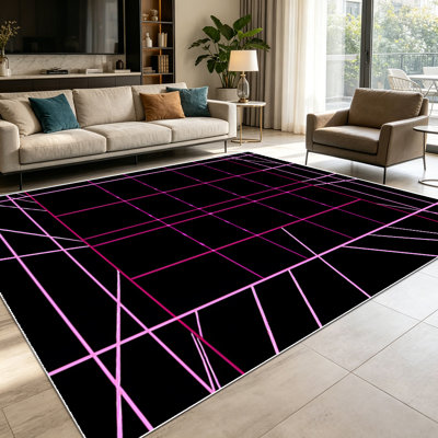 1PC Neon Pink Grid Geometric Cyberpunk area rugs for Living Room, Soft and Comfortable, Suitable for all seasons, easy-to-maintain, machine washable, suitable for dining room, bedroom, entryway, patio, kitchen, Home Decor, Outdoor Decor.