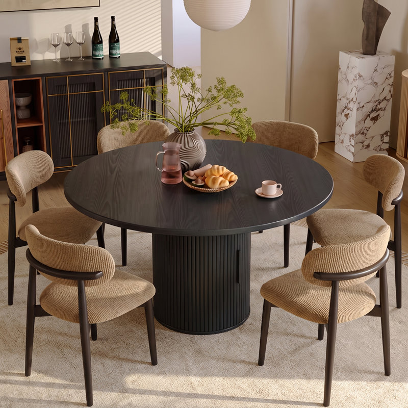Table de salle à manger ronde noire de 150 cm (59 po) avec base de rangement coulissante pivotante, plateau en bois indéformable, peut accueillir jusqu'à 8 personnes.