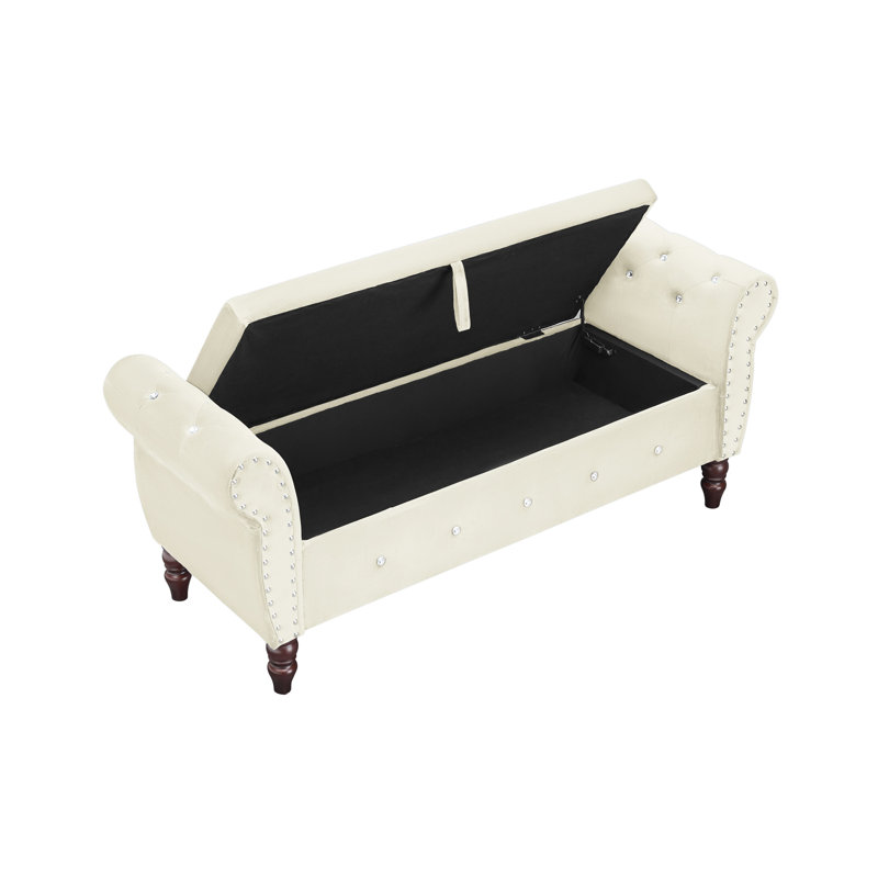 Banc de rangement rectangulaire en velours avec repose-pieds et boucle en cristal Pieds en bois massif avec 1 coussin, Beige