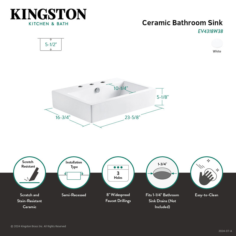Kingston Brass Century Ceramic Bathroom Sink, White, 8" Widespread