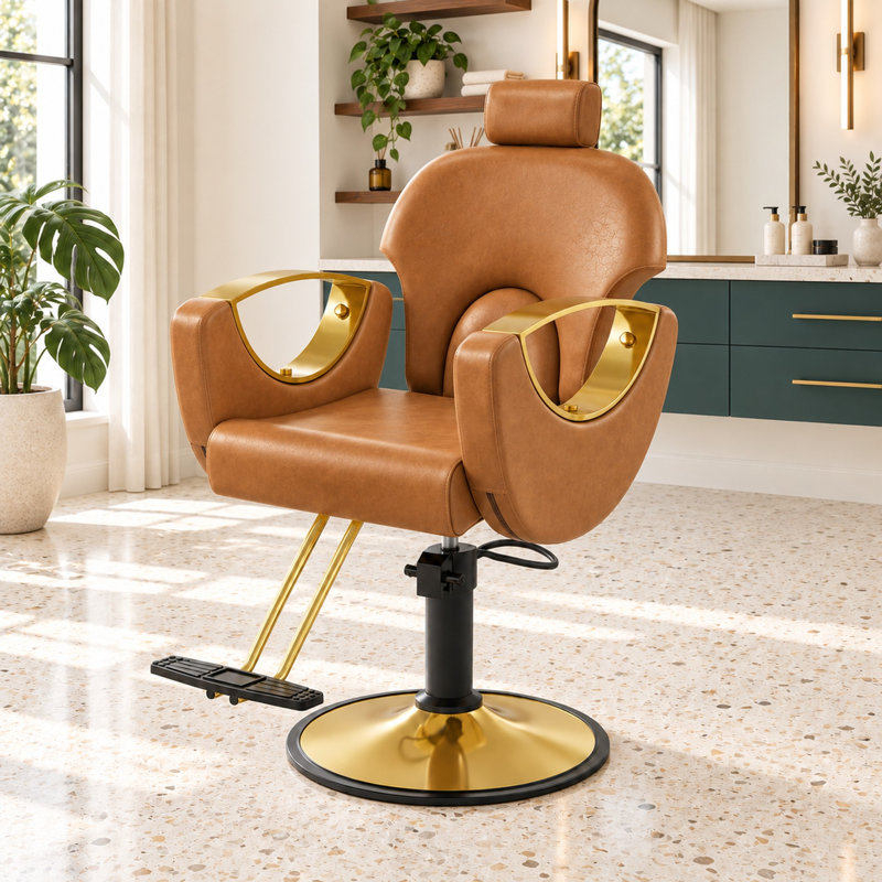 Fauteuil de barbier inclinable de luxe, fauteuil de salon hydraulique réglable en hauteur, fauteuil de coiffeur pour salon de coiffure - Brun
